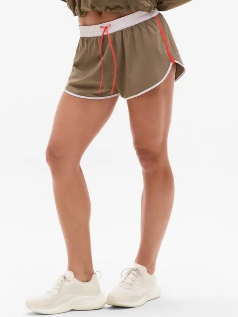 Athleta Olive Green Running Shorts with White Trim and Coral Drawstring